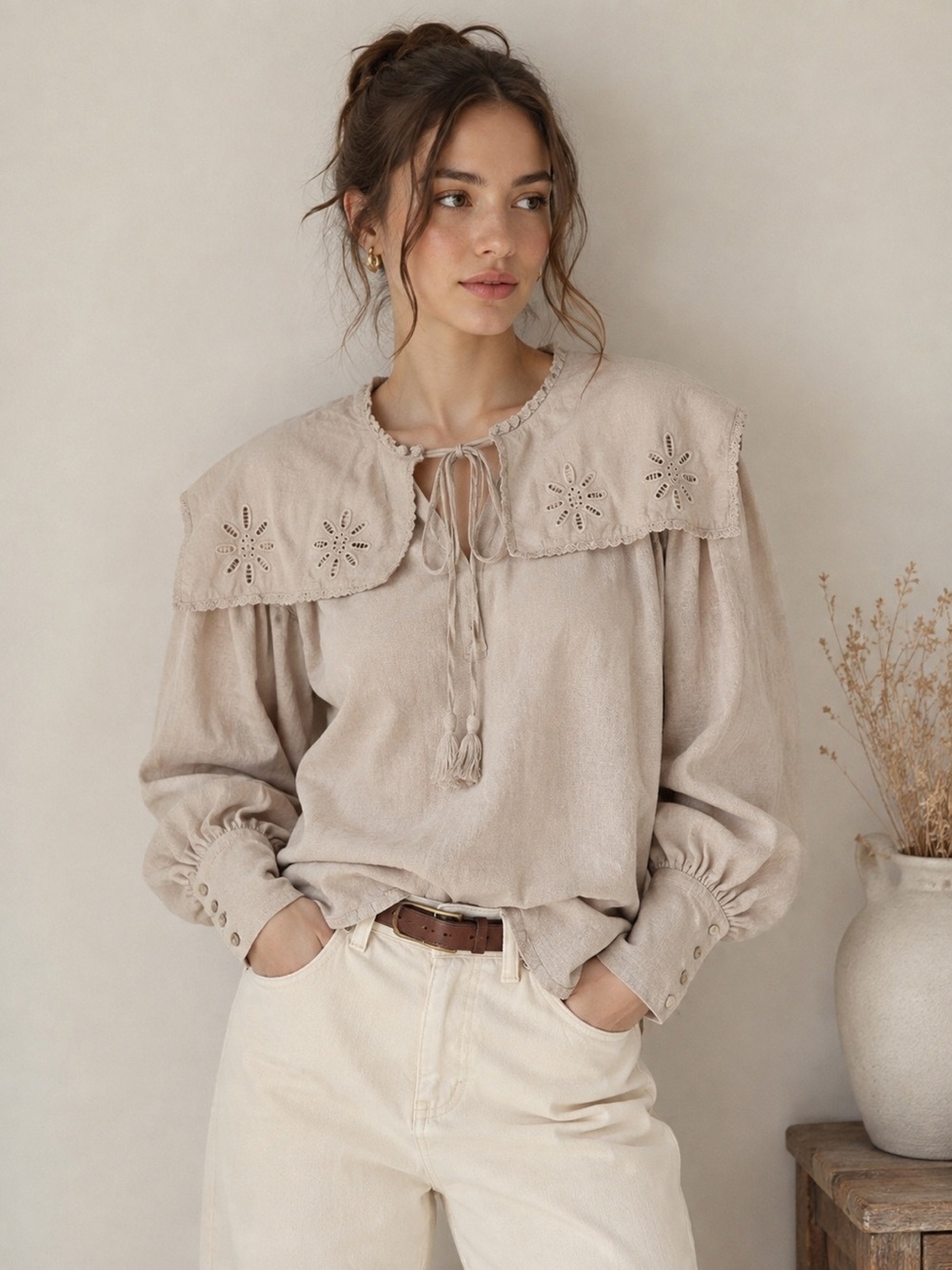 The New Society Embroidered Peter Pan Collar Cotton Blouse S